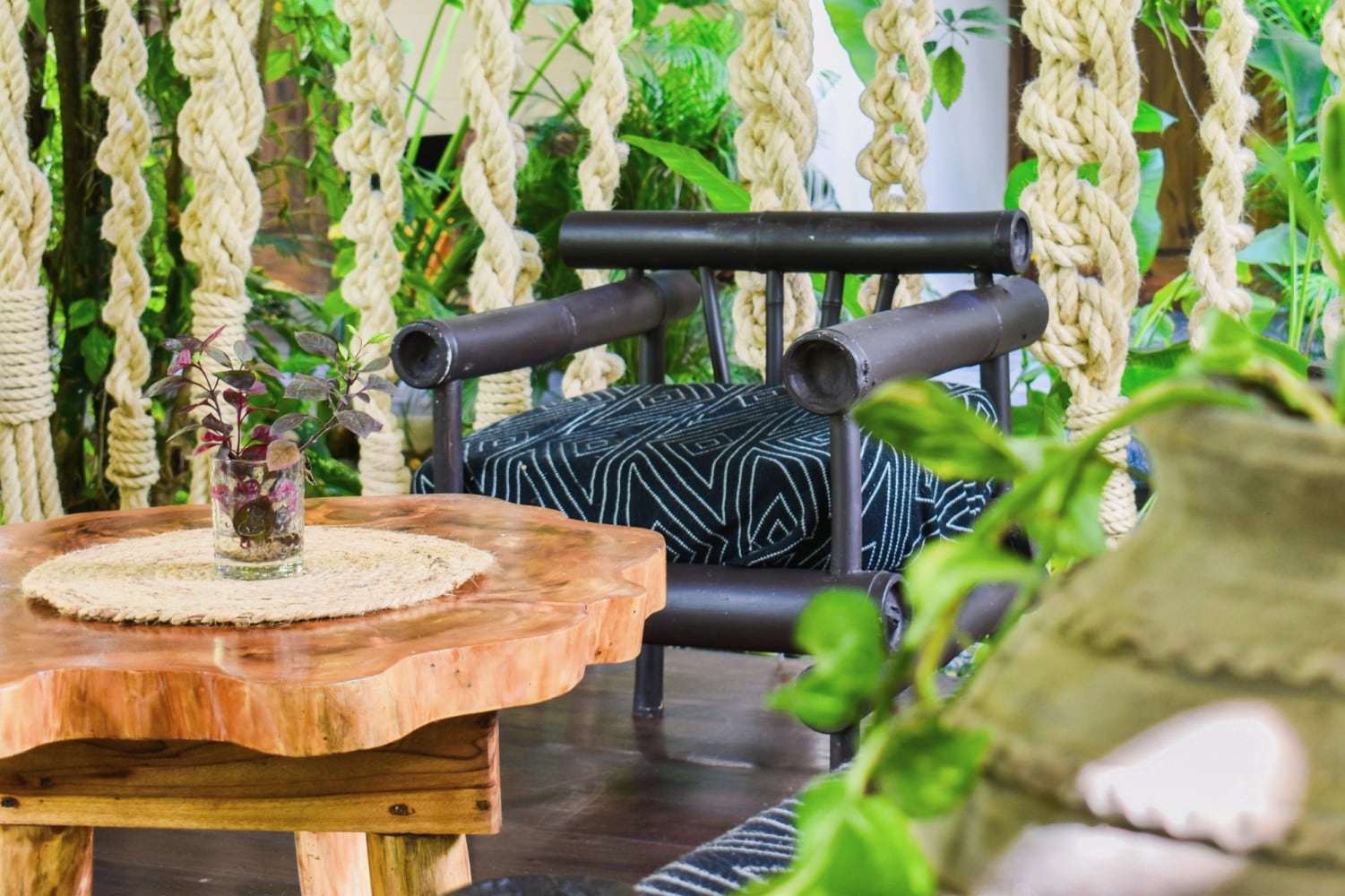 Live-edge wooden table with a potted plant beside a black armchair with a geometric cushion, macramé ropes behind